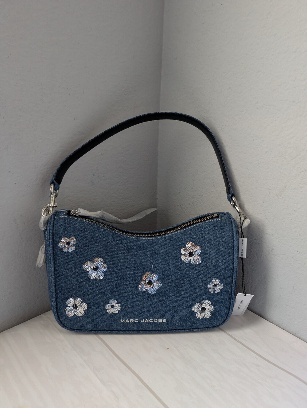 NWT Marc Jacobs Denim Sequin Daisy Drifter Convertible Shoulder Bag